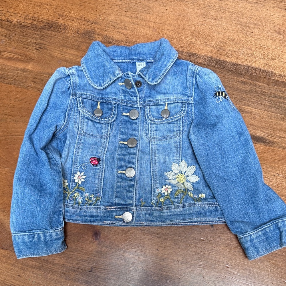 GAP Light Blue Denim Jacket with Floral & Bug Embroidery